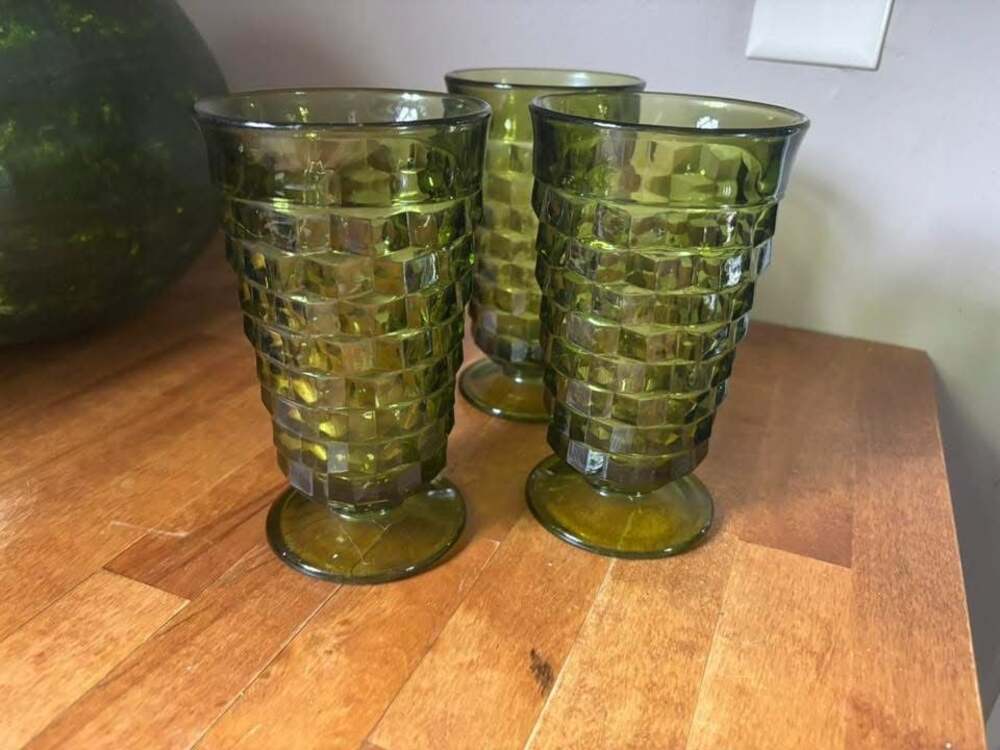 Vintage Indiana Glass Company Whitehall Green Cubist Footed Tumblers - Set of 3